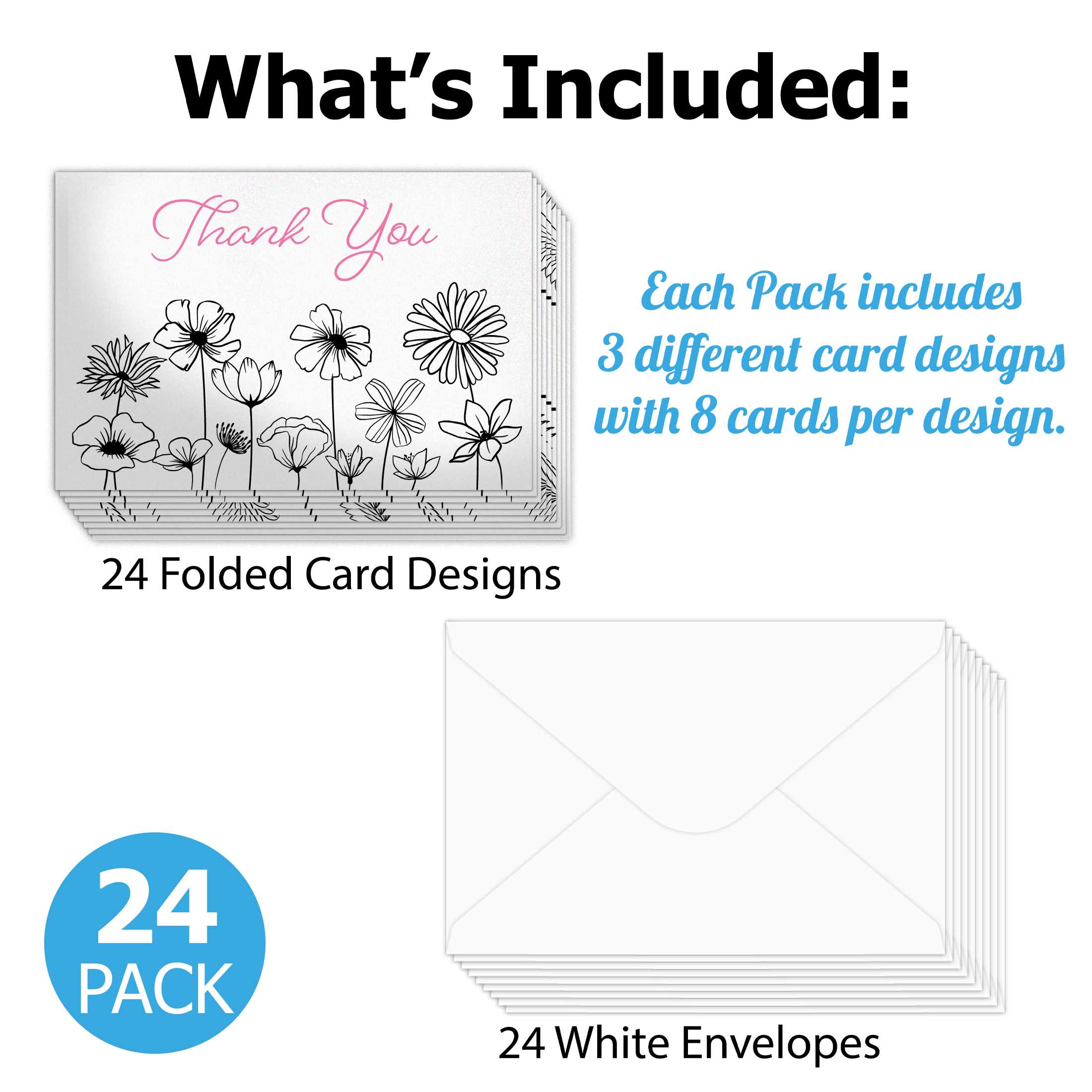 Black and White Floral Thank You Cards with Envelopes