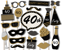 40th Birthday Black & Gold Photo Booth Props 20pcs Assembled - BirthdayGalore.com