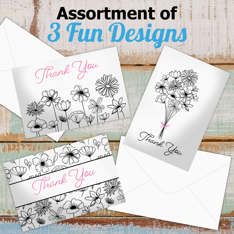 Black and White Floral Thank You Cards with Envelopes