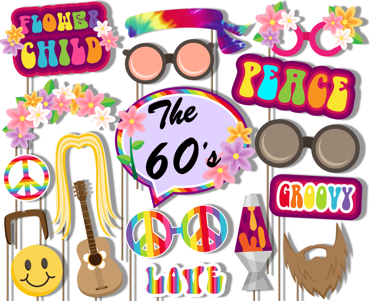 60's Hippie Decade Photo Booth Props 20pcs Assembled - BirthdayGalore.com