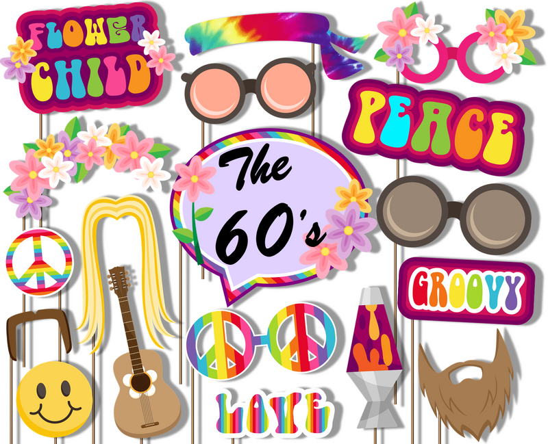 60's Hippie Decade Photo Booth Props 20pcs Assembled - BirthdayGalore.com