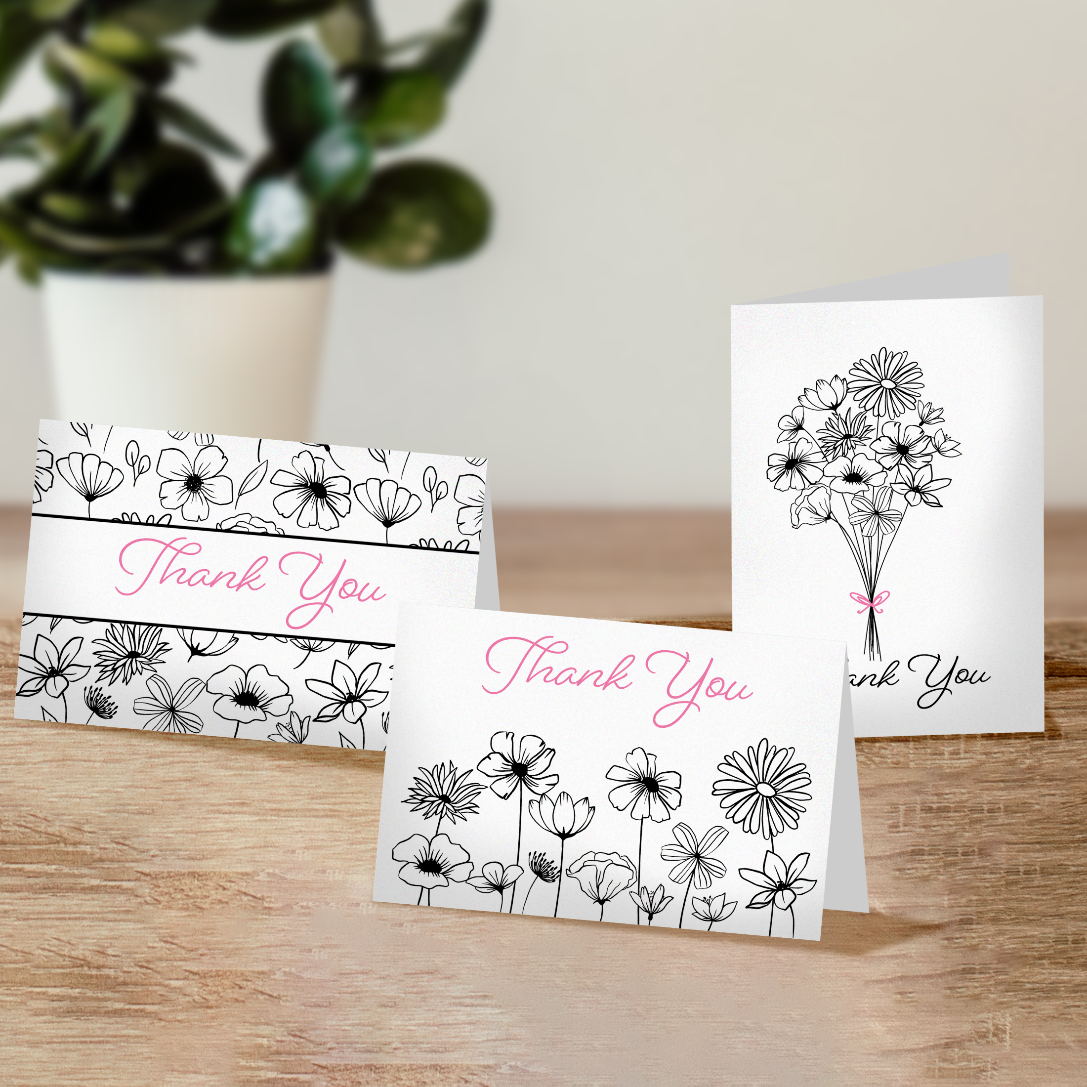 Black and White Floral Thank You Cards with Envelopes