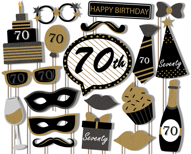 70th Birthday Black & Gold Photo Booth Props 20pcs Assembled - BirthdayGalore.com