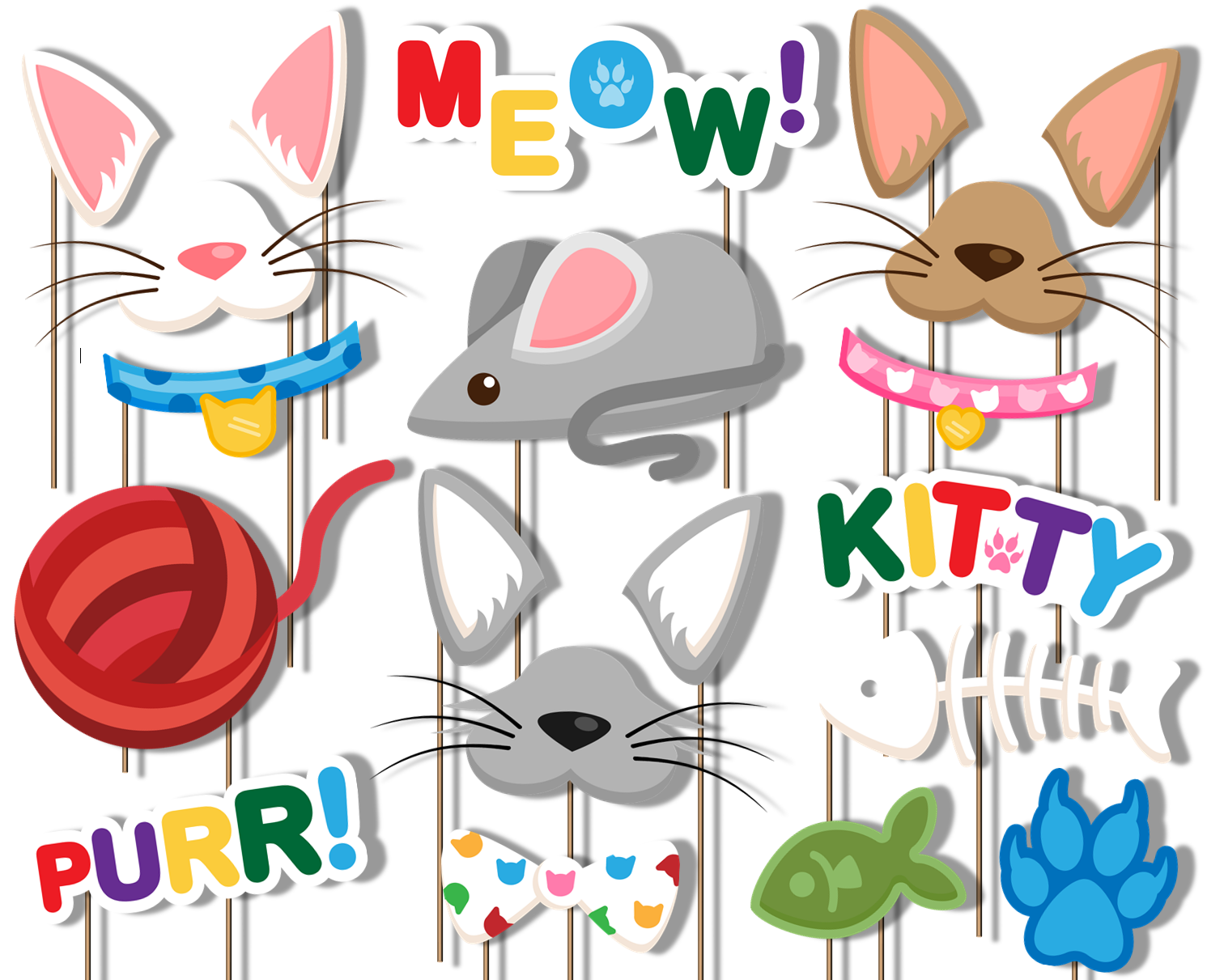 Kitty Cat Photo Booth Props 20pcs Assembled - BirthdayGalore.com