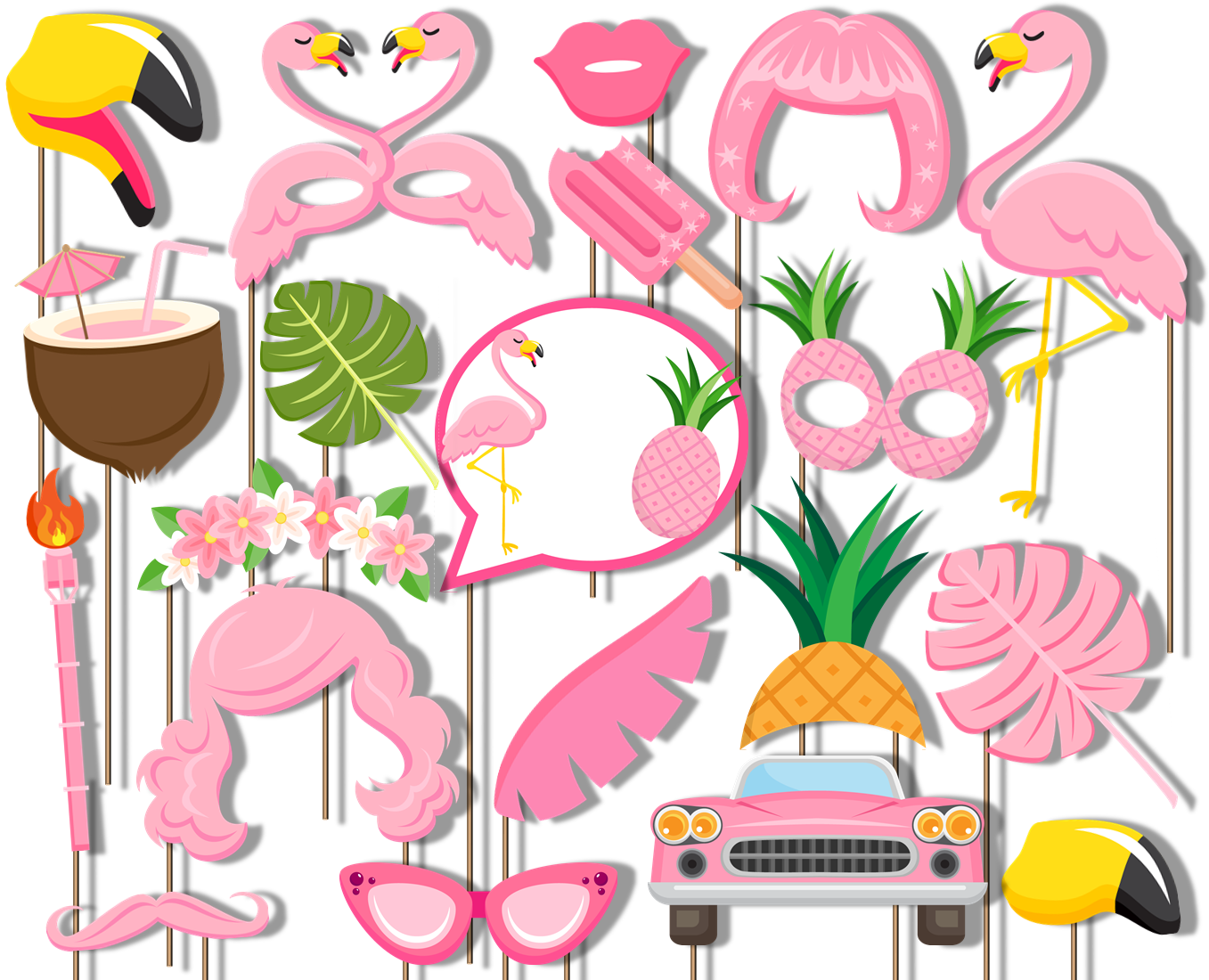 Pink Flamingo Photo Booth Props 20pcs Assembled - BirthdayGalore.com