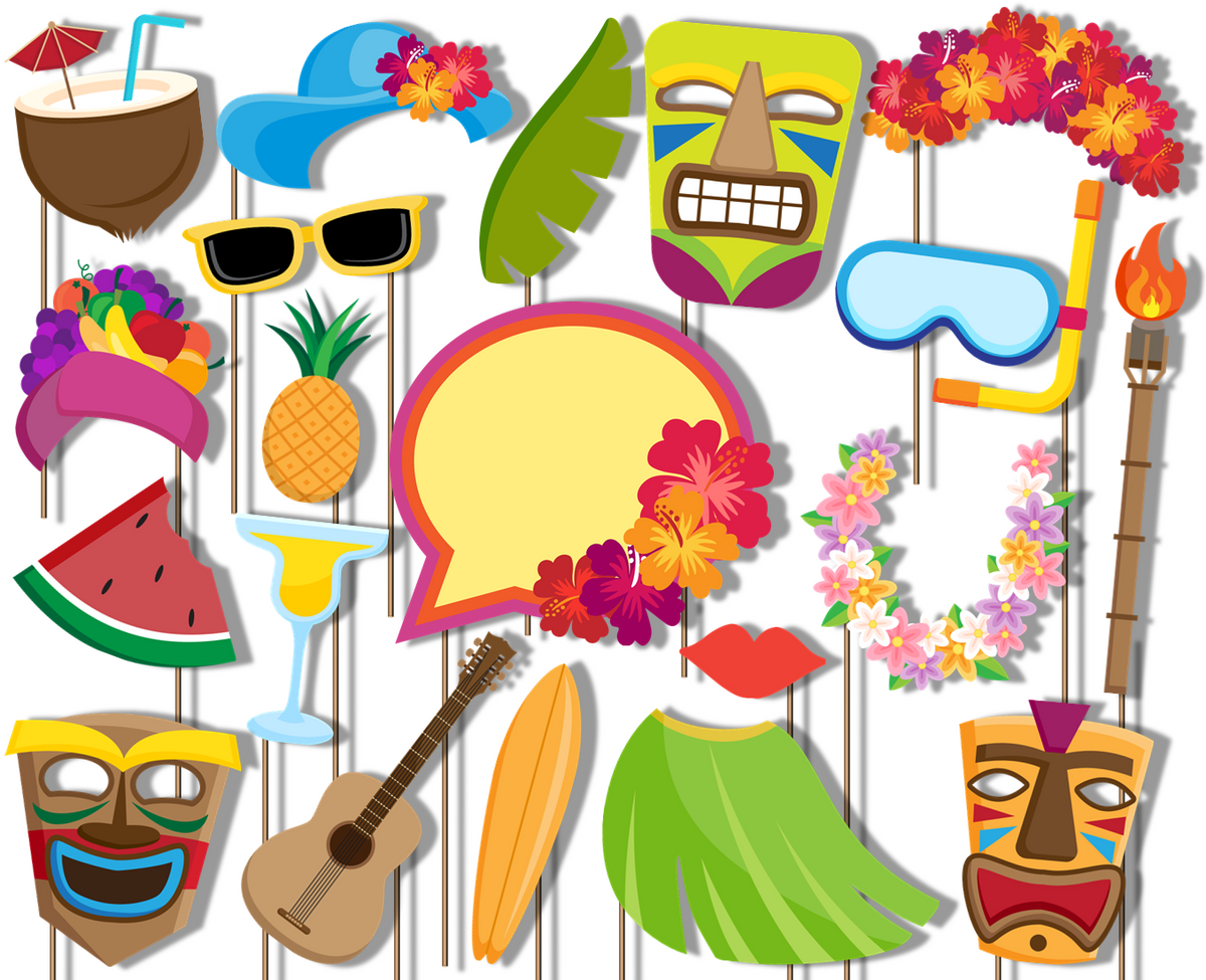 Hawaiian Luau Photo Booth Props 20pcs Assembled - BirthdayGalore.com
