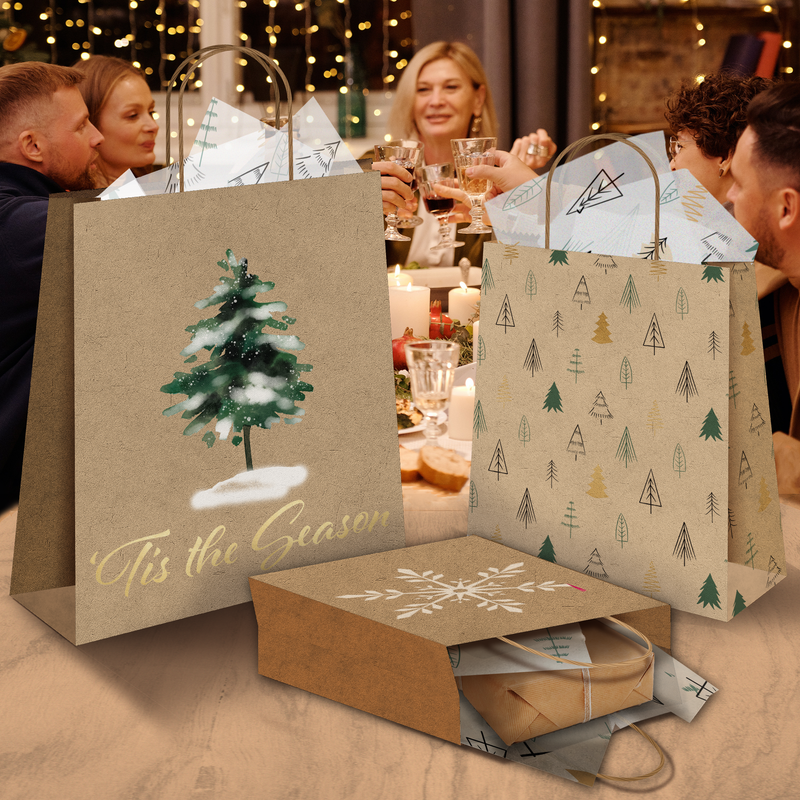 Fir Trees Kraft Gift Bags Mixed Size Set