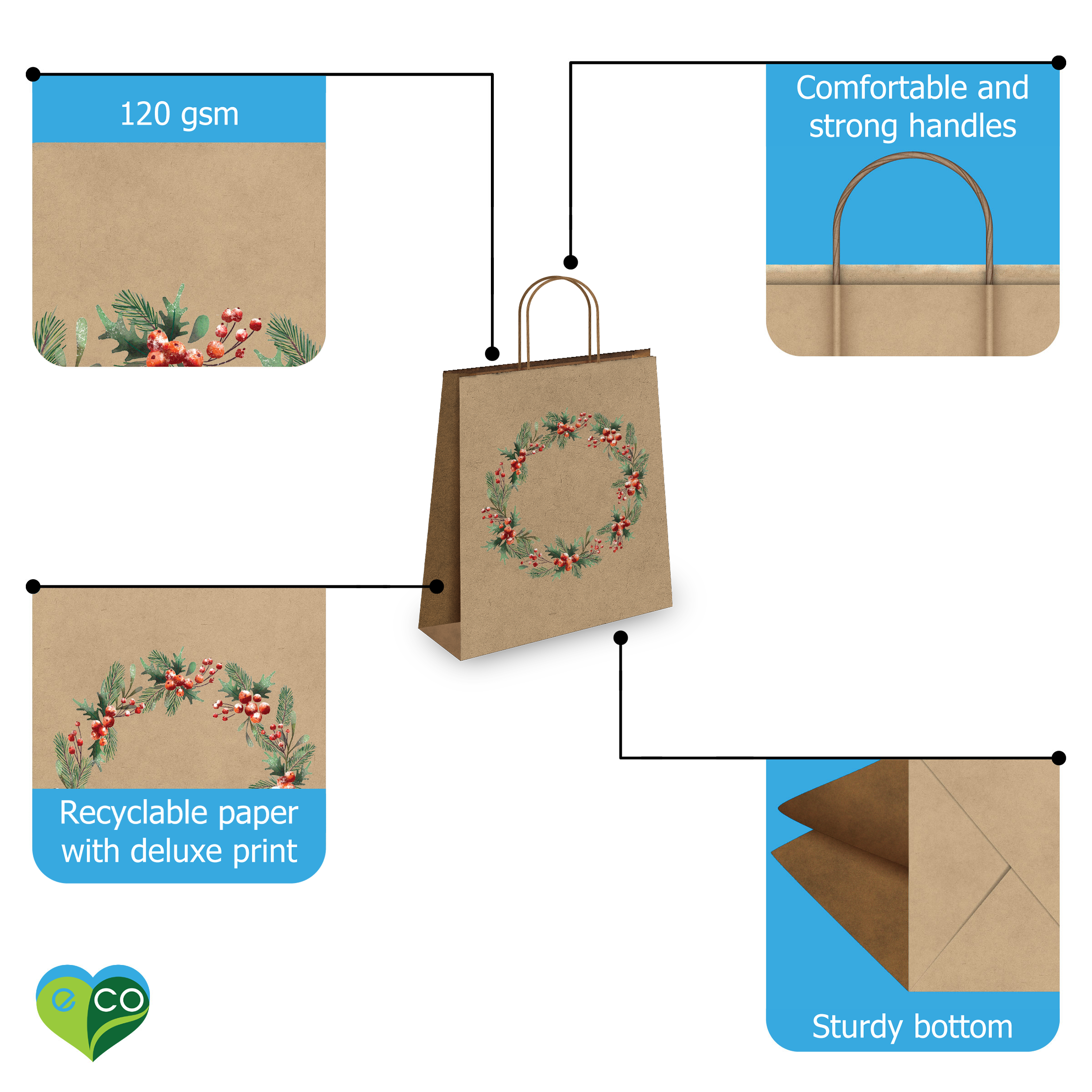 Christmas Wreath Kraft Gift Bags Mixed Size Set