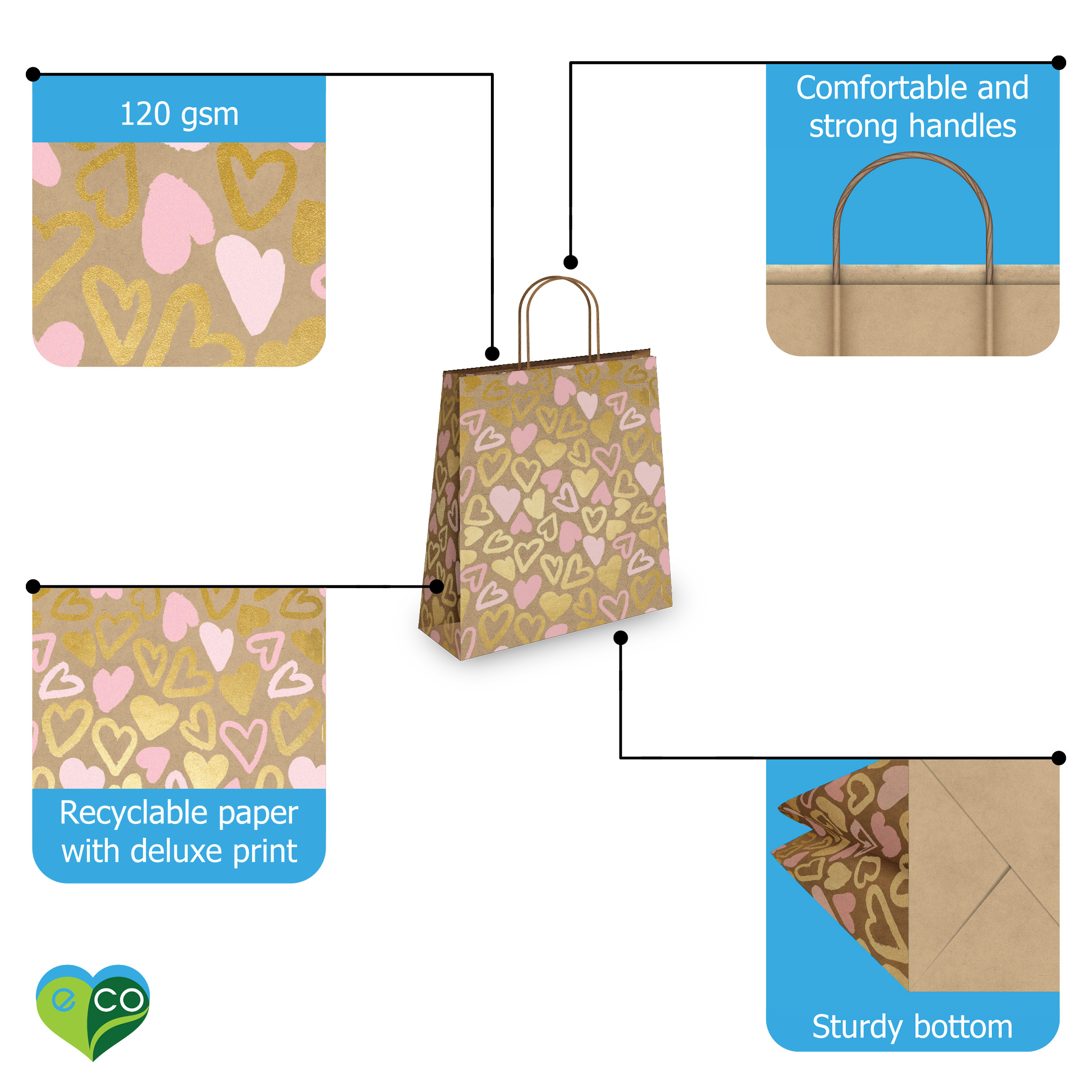 Pink and Gold Hearts Kraft Gift Bags Mixed Size Set