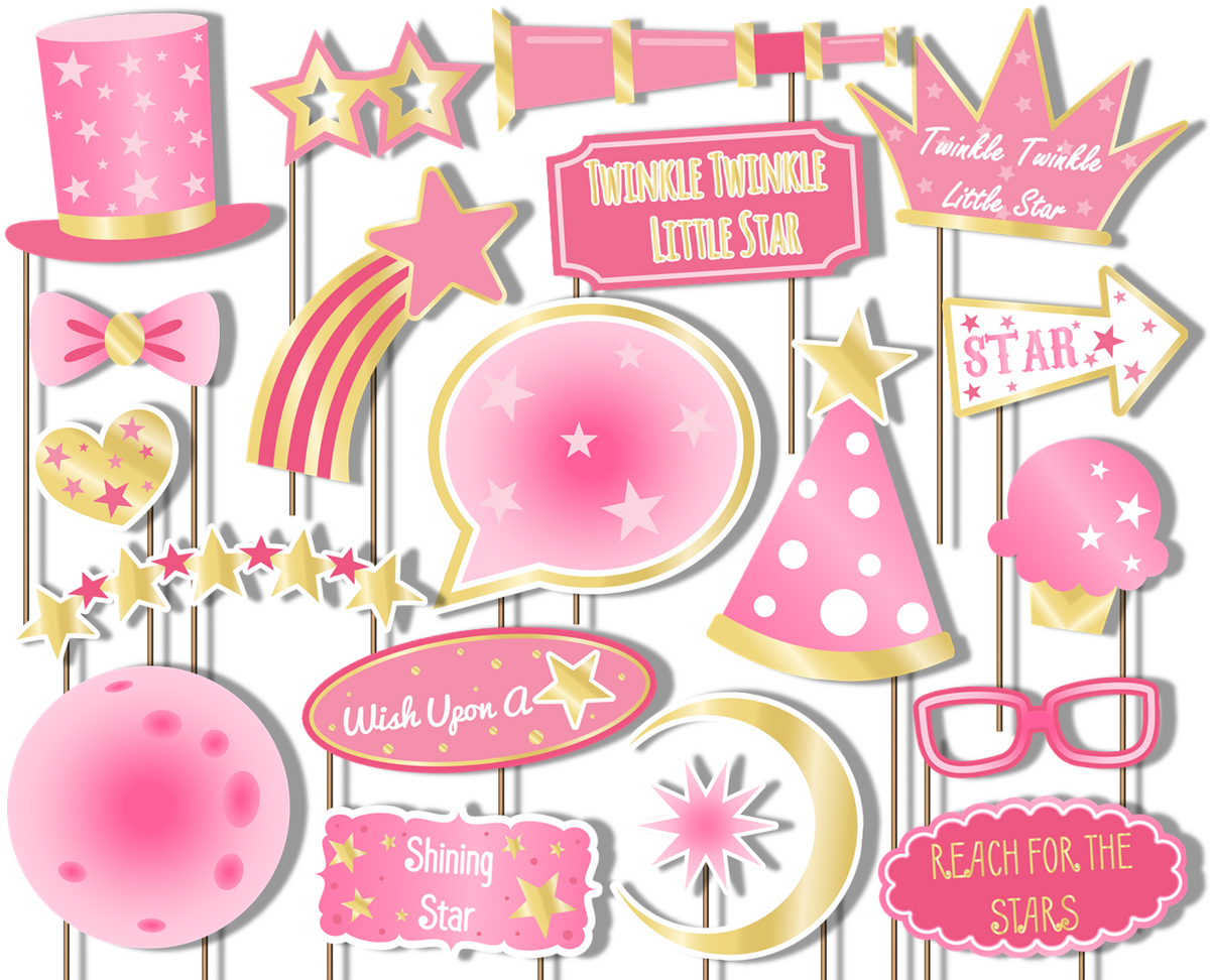 Twinkle Little Star Girl Pink Photo Booth Props 20pcs Assembled - BirthdayGalore.com