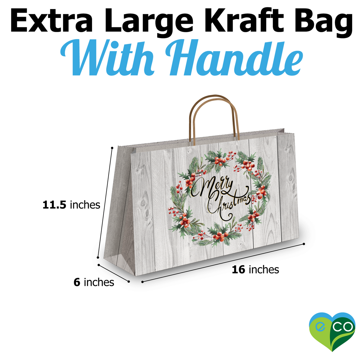Christmas Wreath Vogue Kraft Shopping Bags with Handles (11.5x16x6 inches)