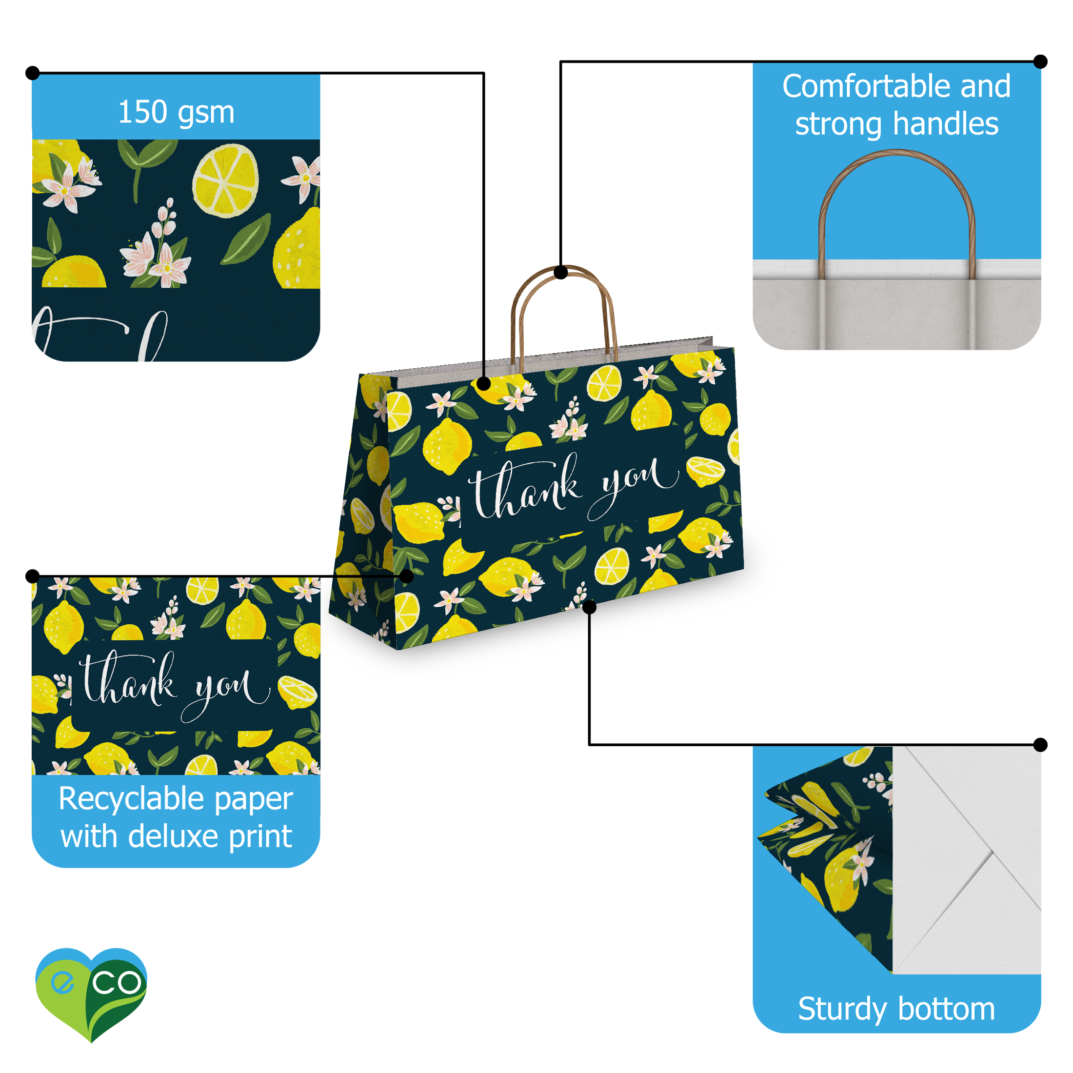 Lemons Vogue Large Birthday Gift Bags Kraft Shopping Bags with Handles (11.5x16x6 inches)