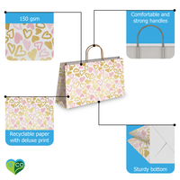 Pink and Gold Hearts Large Birthday Gift Bags Vogue Kraft Shopping Bags with Handles (11.5x16x6 inches)