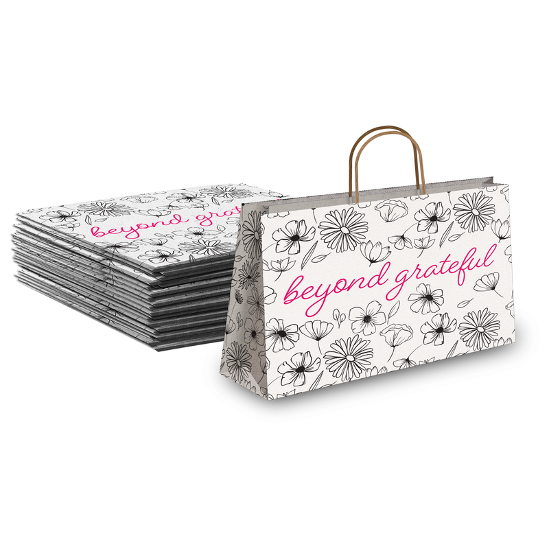 Black and White Floral Large Birthday Gift Bags Vogue Kraft Shopping Bags With Handles (11.5x16x6 inches)