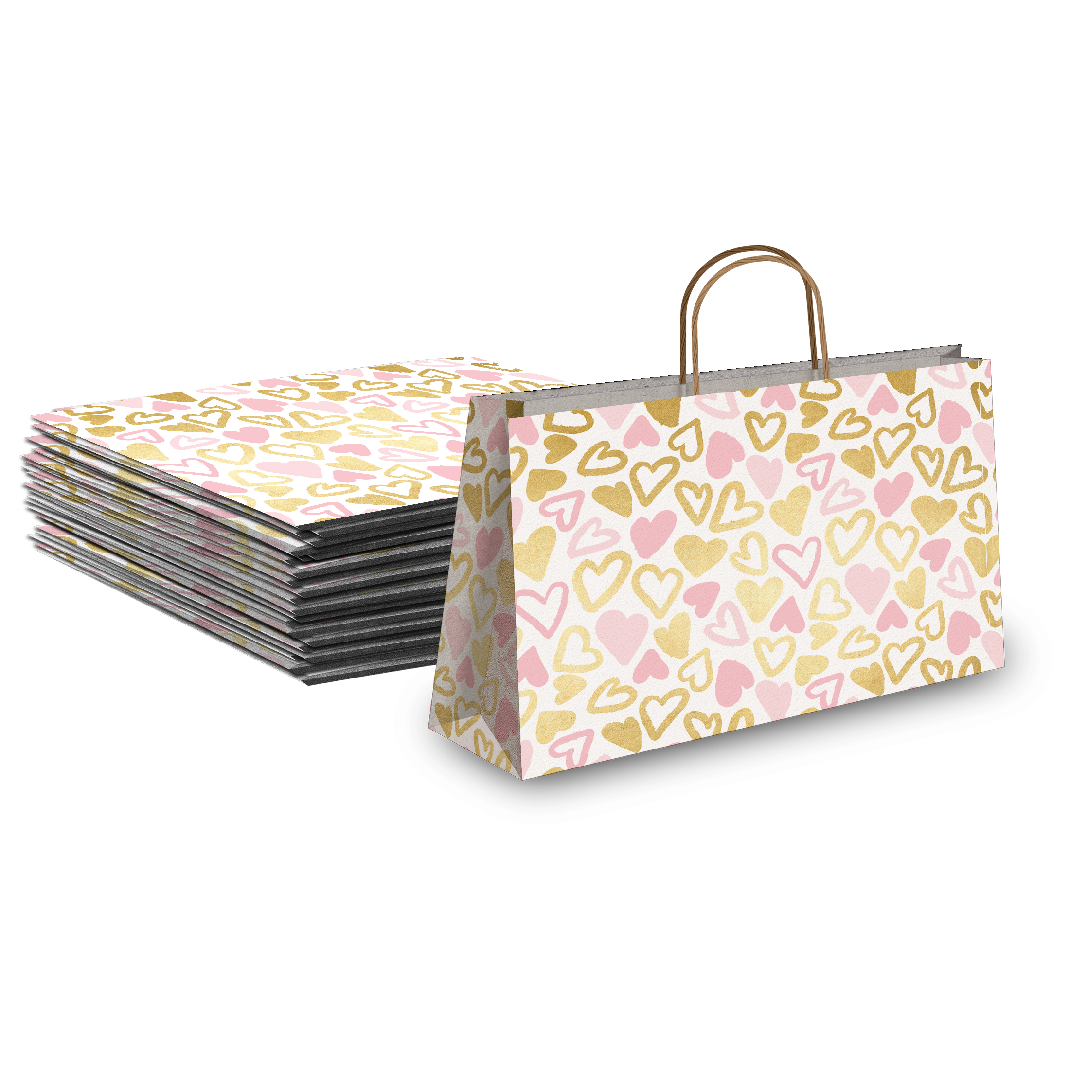 Pink and Gold Hearts Large Birthday Gift Bags Vogue Kraft Shopping Bags with Handles (11.5x16x6 inches)