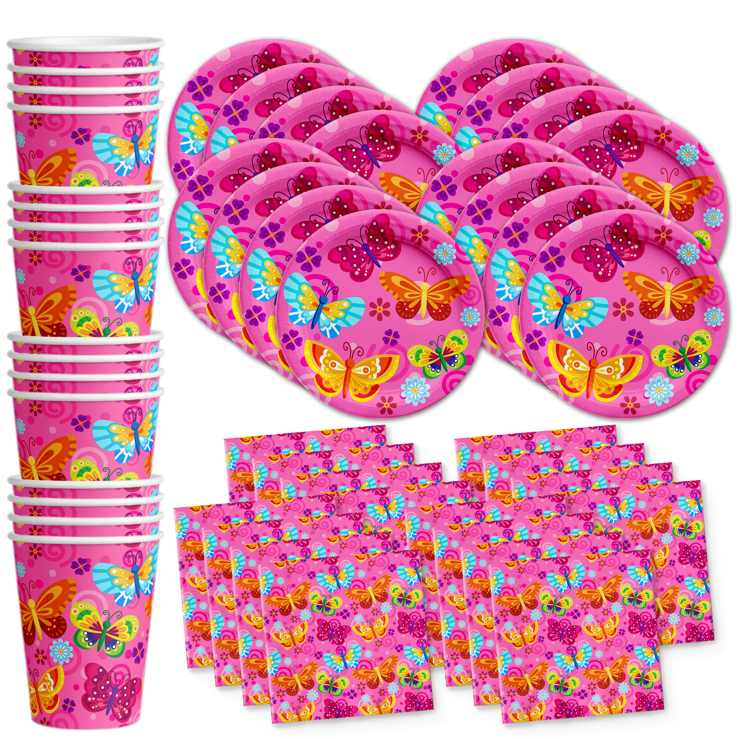 Pink Butterfly Party Birthday Party Tableware Kit For 16 Guests - BirthdayGalore.com