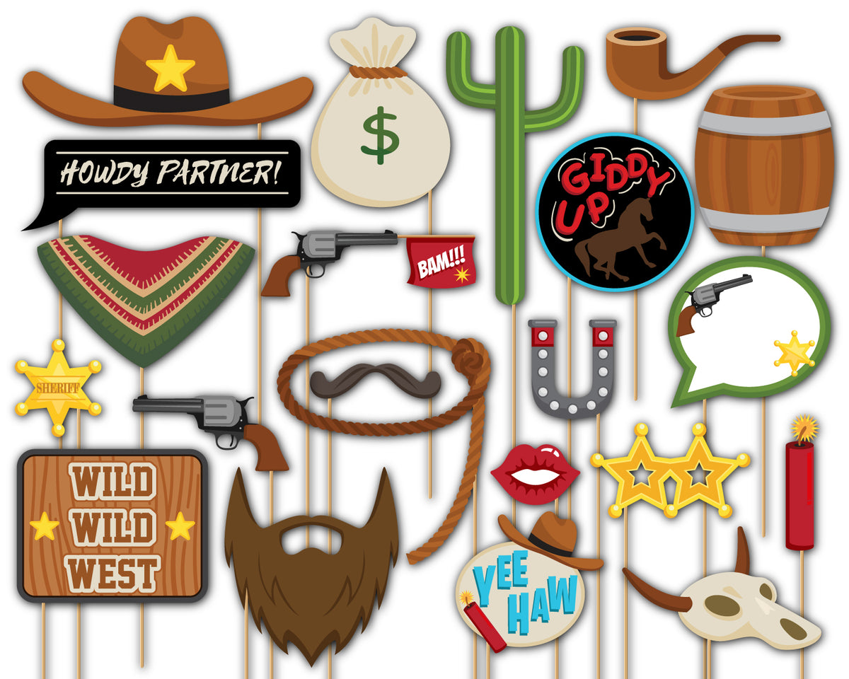 Cowboy Photo Booth Props 20pcs Assembled - BirthdayGalore.com