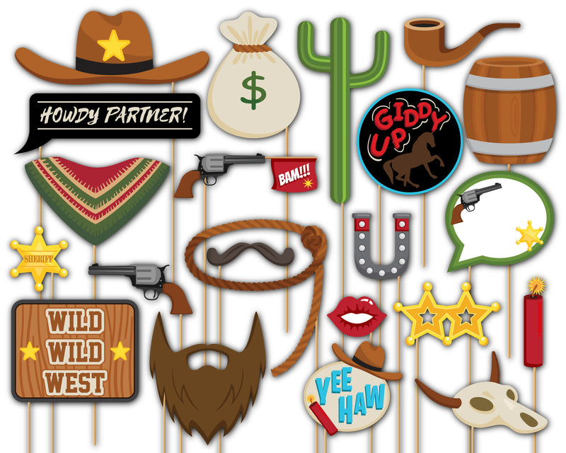 Cowboy Photo Booth Props 20pcs Assembled - BirthdayGalore.com