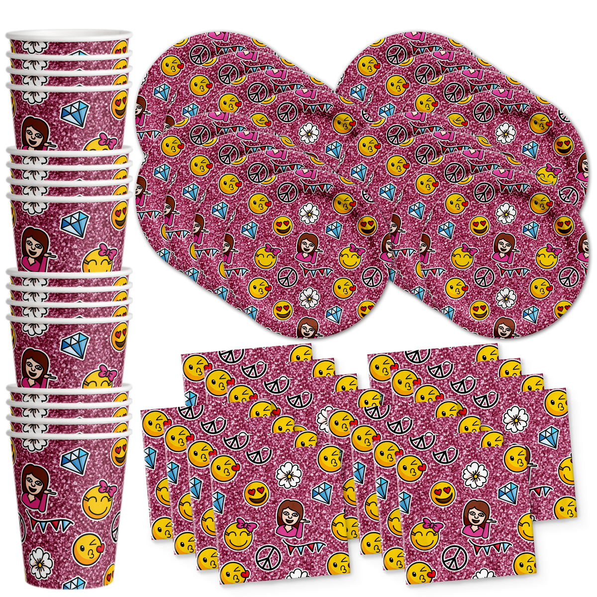 Girl Pink Glitter Emoji Birthday Party Tableware Kit For 16 Guests - BirthdayGalore.com