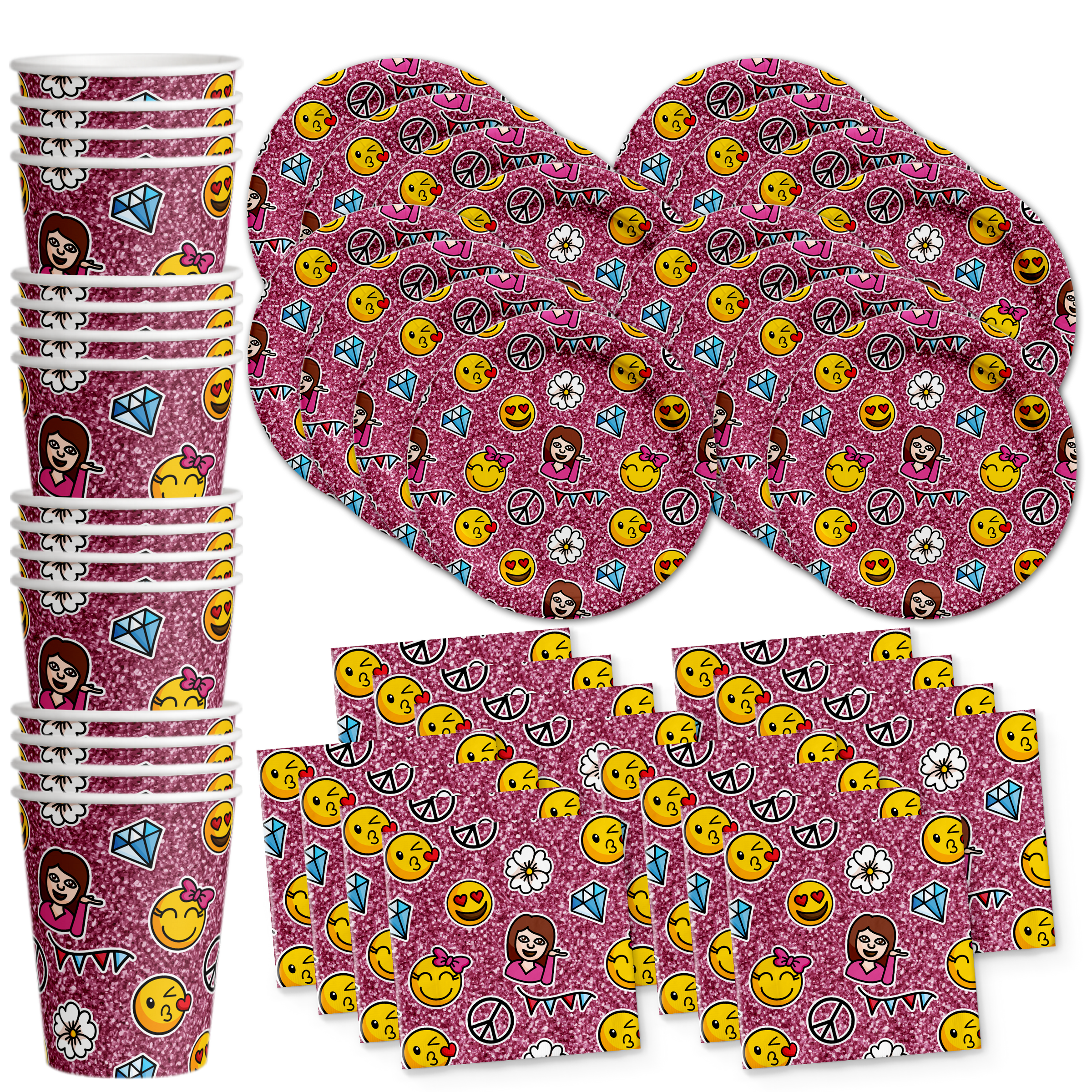 Girl Pink Glitter Emoji Birthday Party Tableware Kit For 16 Guests - BirthdayGalore.com