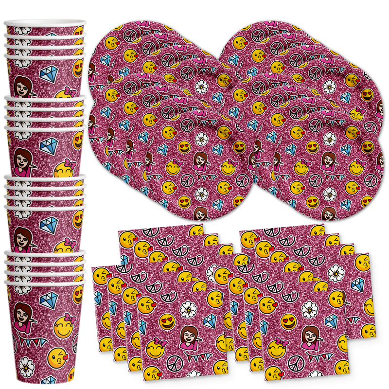 Girl Pink Glitter Emoji Birthday Party Tableware Kit For 16 Guests - BirthdayGalore.com