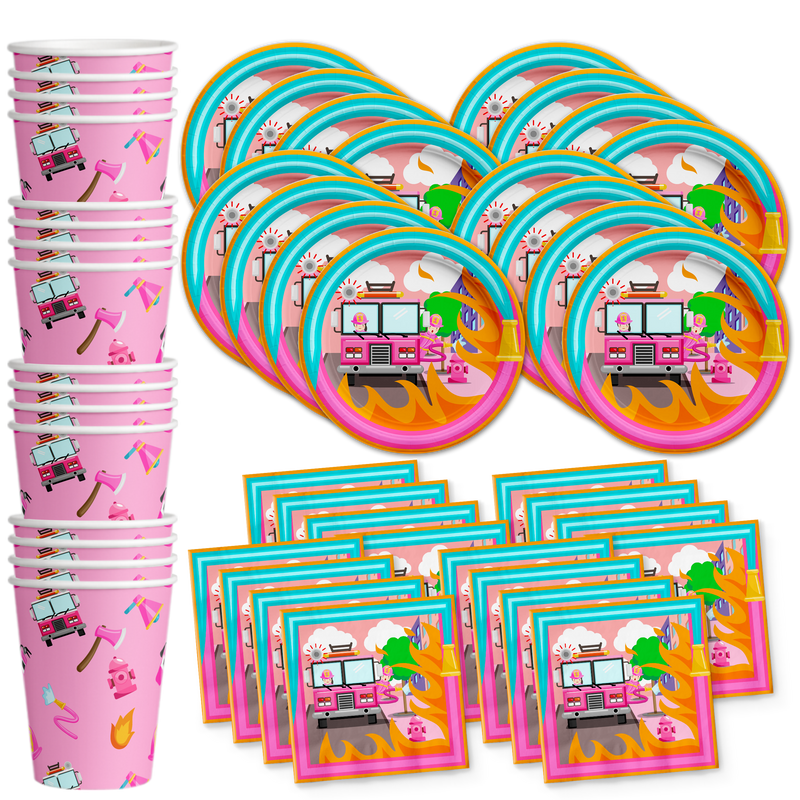 Fire Truck Girl Birthday Party Tableware Kit For 16 Guests - BirthdayGalore.com