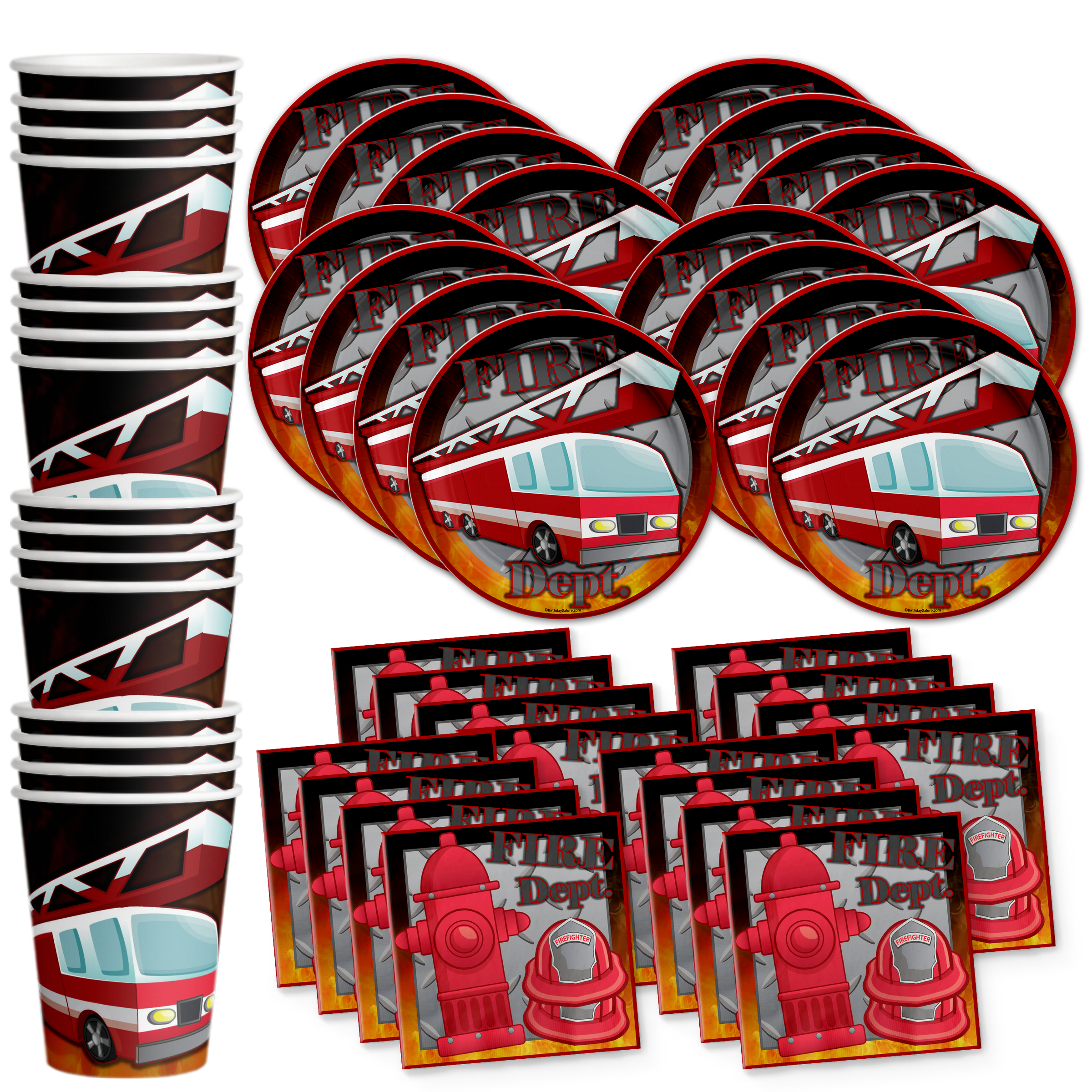 Fire Fighter Birthday Party Tableware Kit For 16 Guests - BirthdayGalore.com