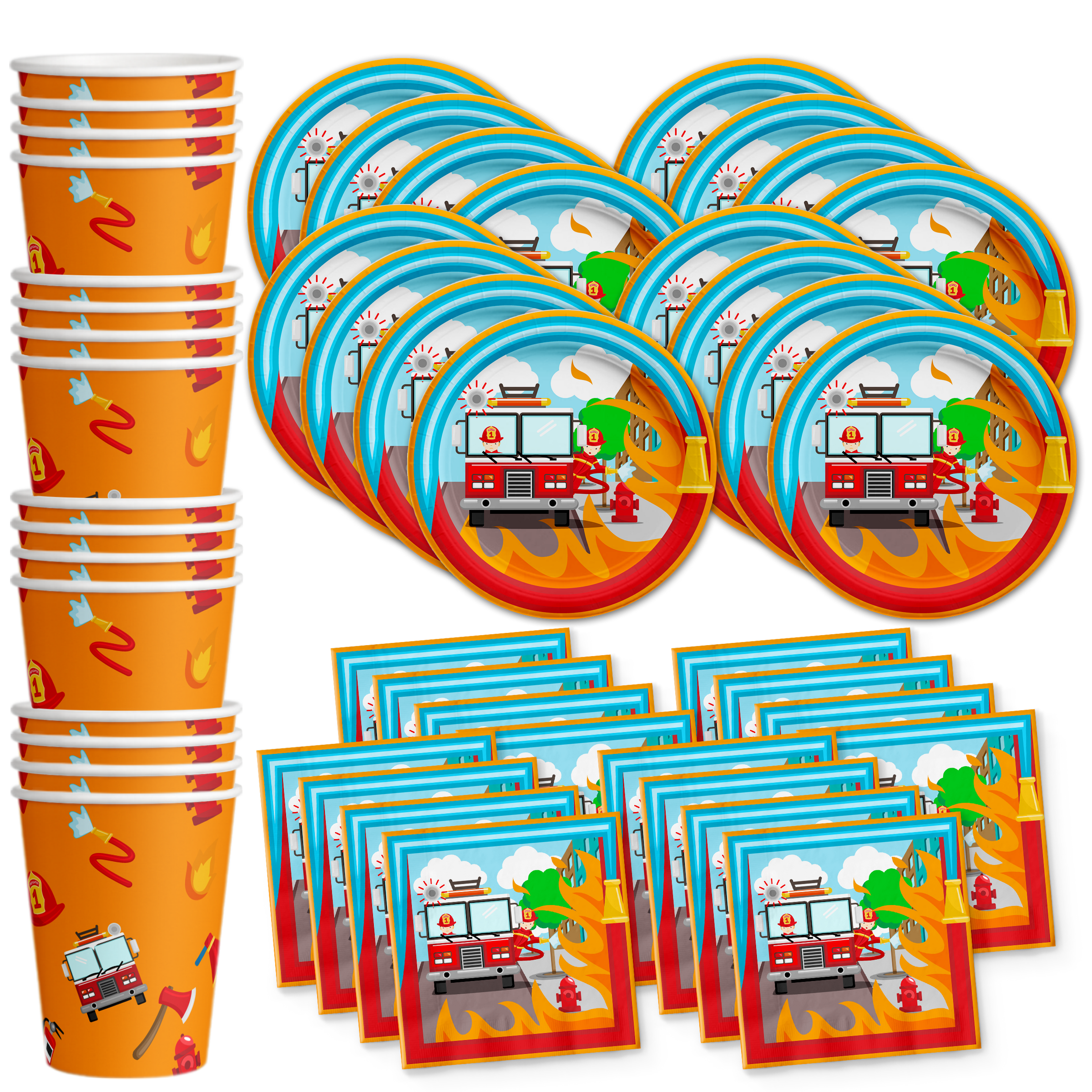Fire Truck Boy Birthday Party Tableware Kit For 16 Guests - BirthdayGalore.com