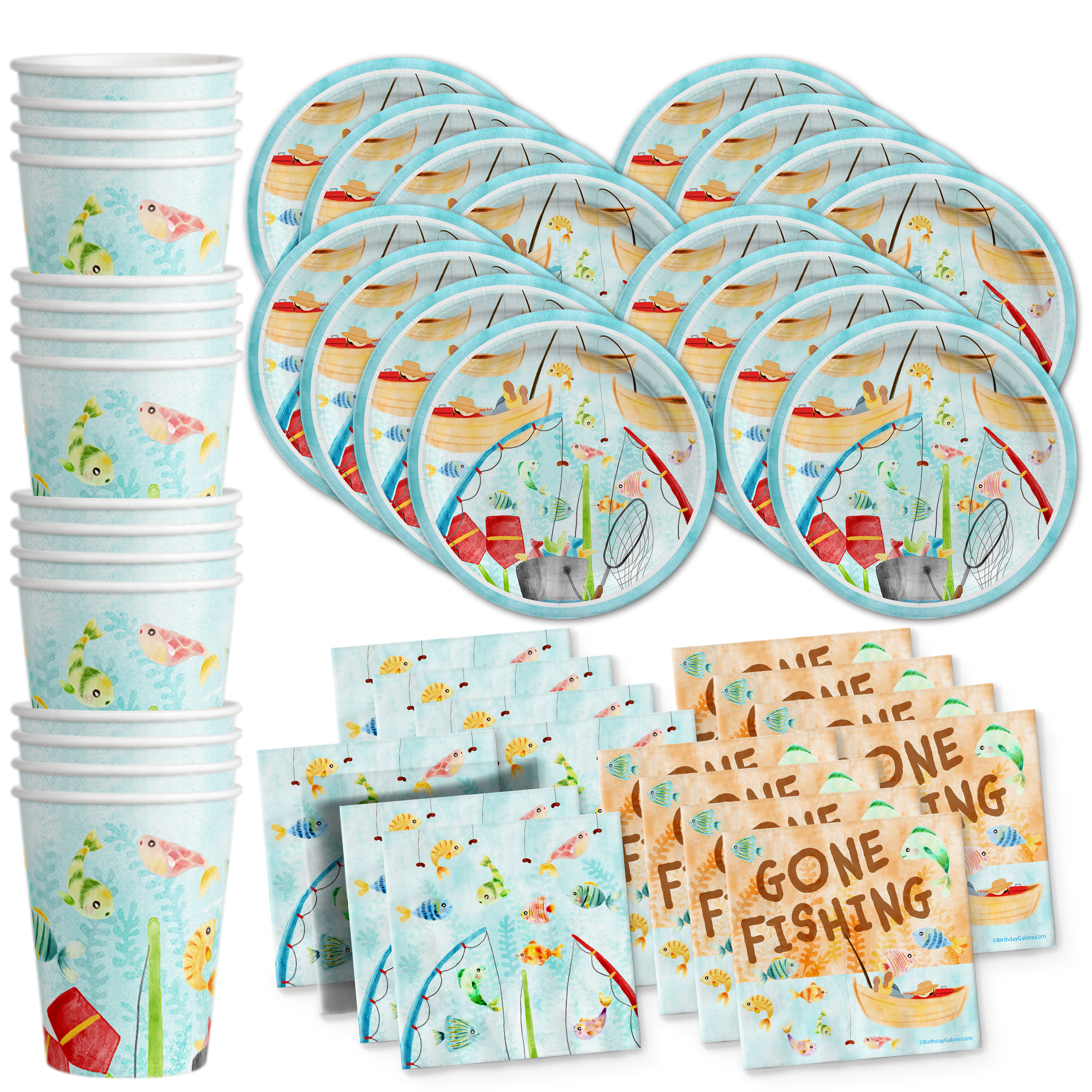 Little Fisherman Fishing Birthday Party Supplies Set Plates Napkins Cups Tableware Kit for 16