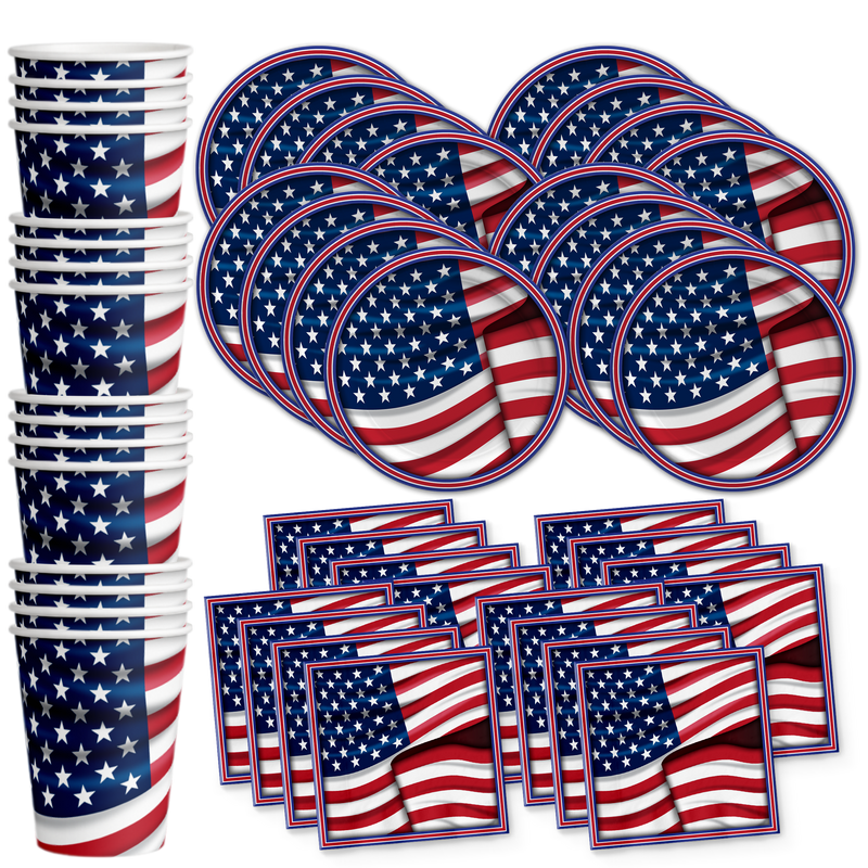 American Flag Patriotic Party Tableware Kit For 16 Guests - BirthdayGalore.com