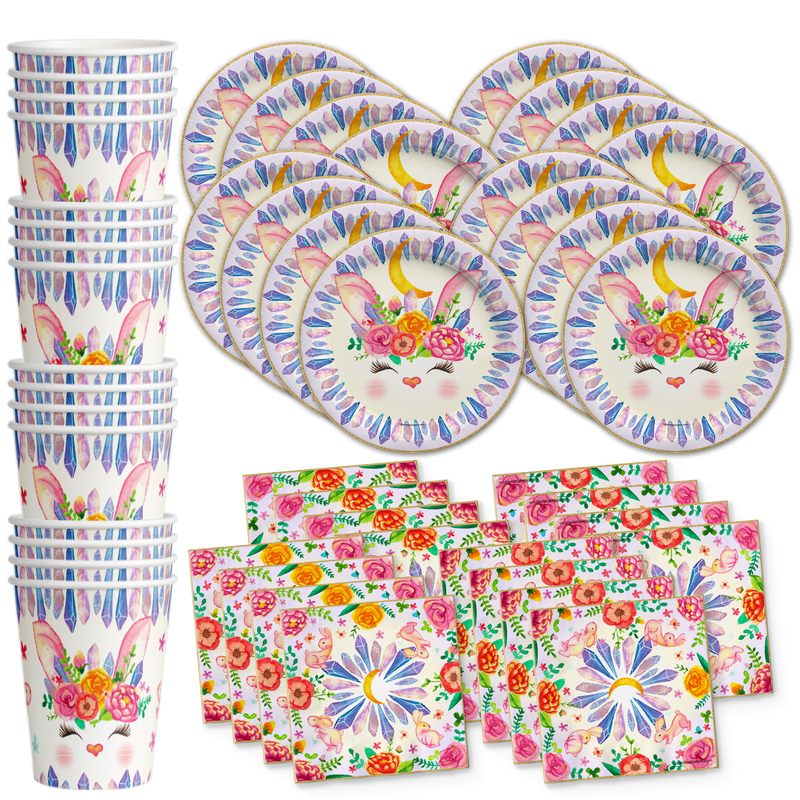 Floral Bunny Rabbit Birthday Party Tableware Kit For 16 Guests