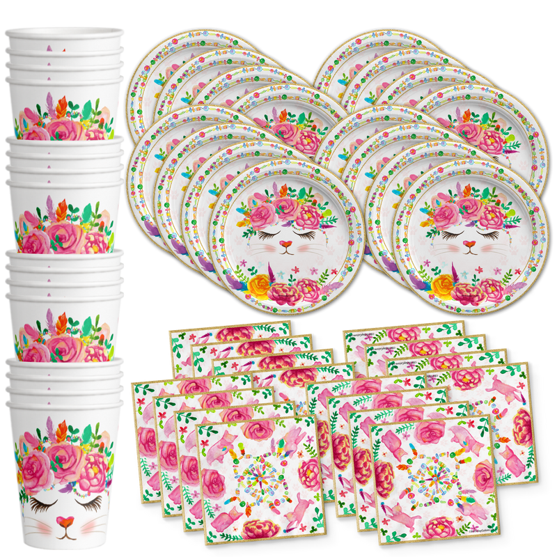 Kitten Kitty Cat Floral Birthday Party Tableware Kit For 16 Guests