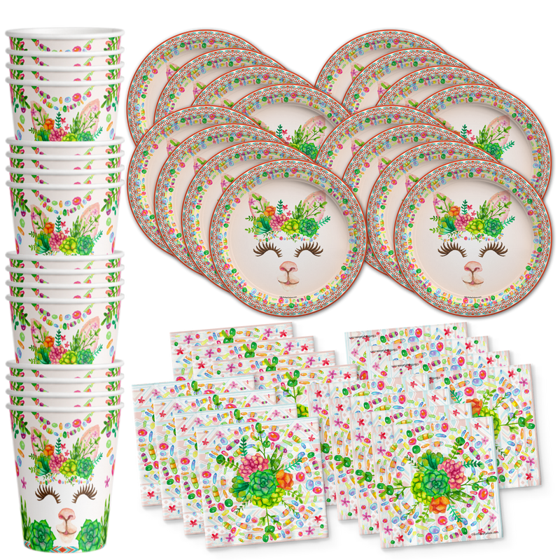 Floral Llama Birthday Party Tableware Kit For 16 Guests