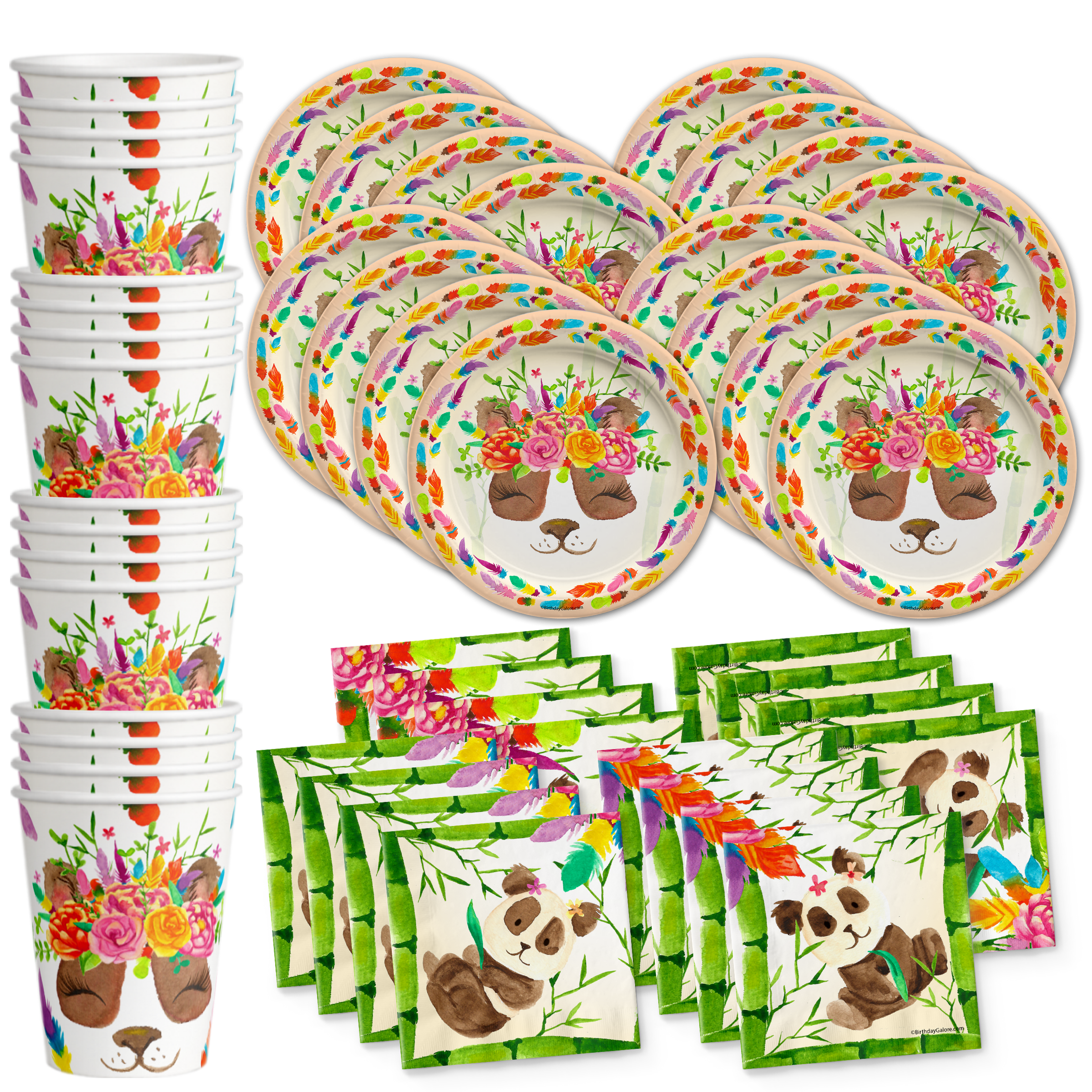 Panda Floral Birthday Party Tableware Kit For 16 Guests