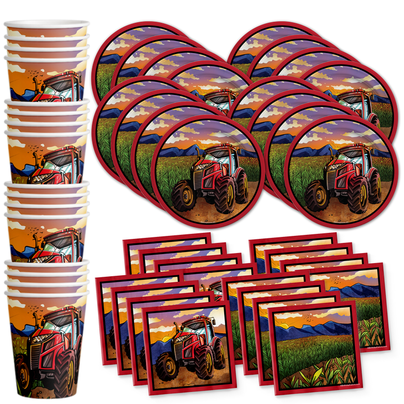 Red Tractor Birthday Party Tableware Kit For 16 Guests