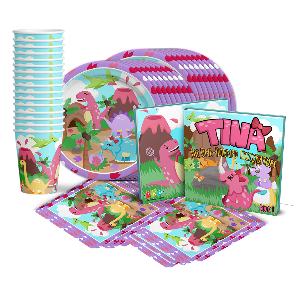 Tina the One-Horned Triceratops Birthday Party Tableware Kit For 16 Guests - BirthdayGalore.com