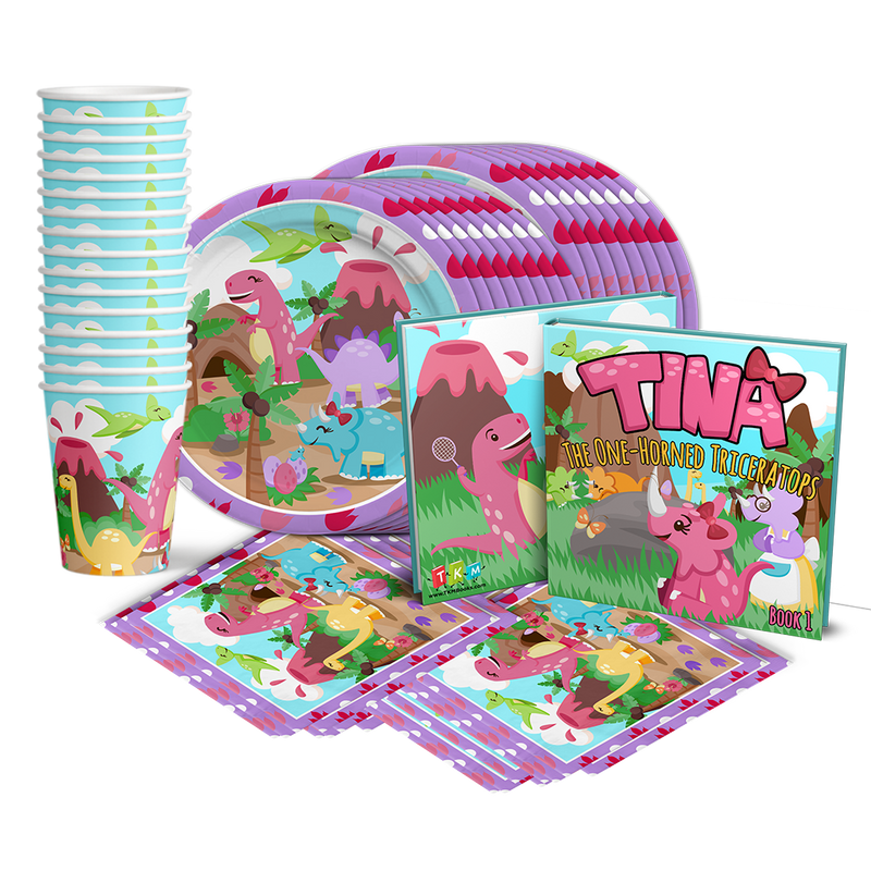 Tina the One-Horned Triceratops Birthday Party Tableware Kit For 16 Guests - BirthdayGalore.com