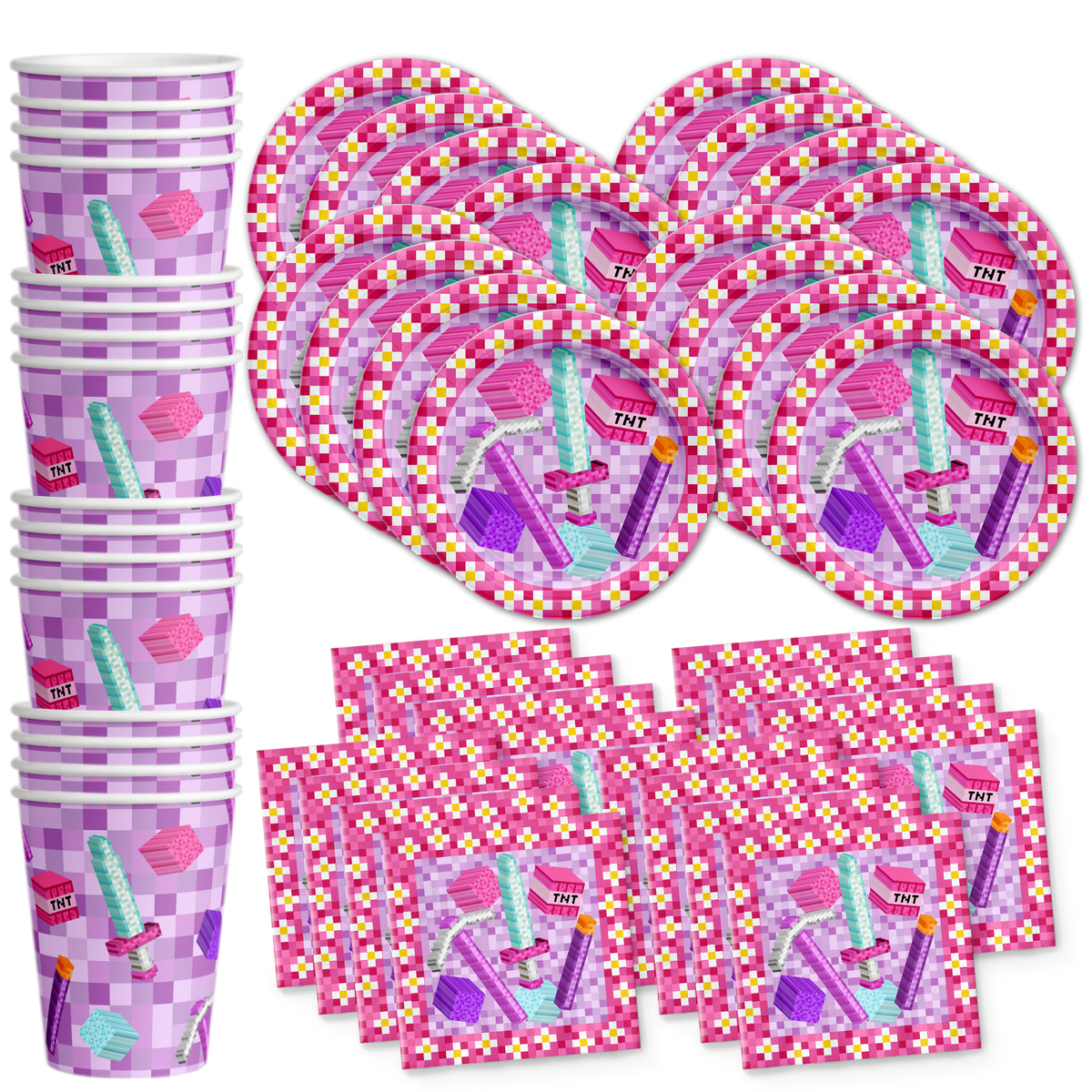 Girl Mining Pixel Birthday Party Tableware Kit For 16 Guests - BirthdayGalore.com