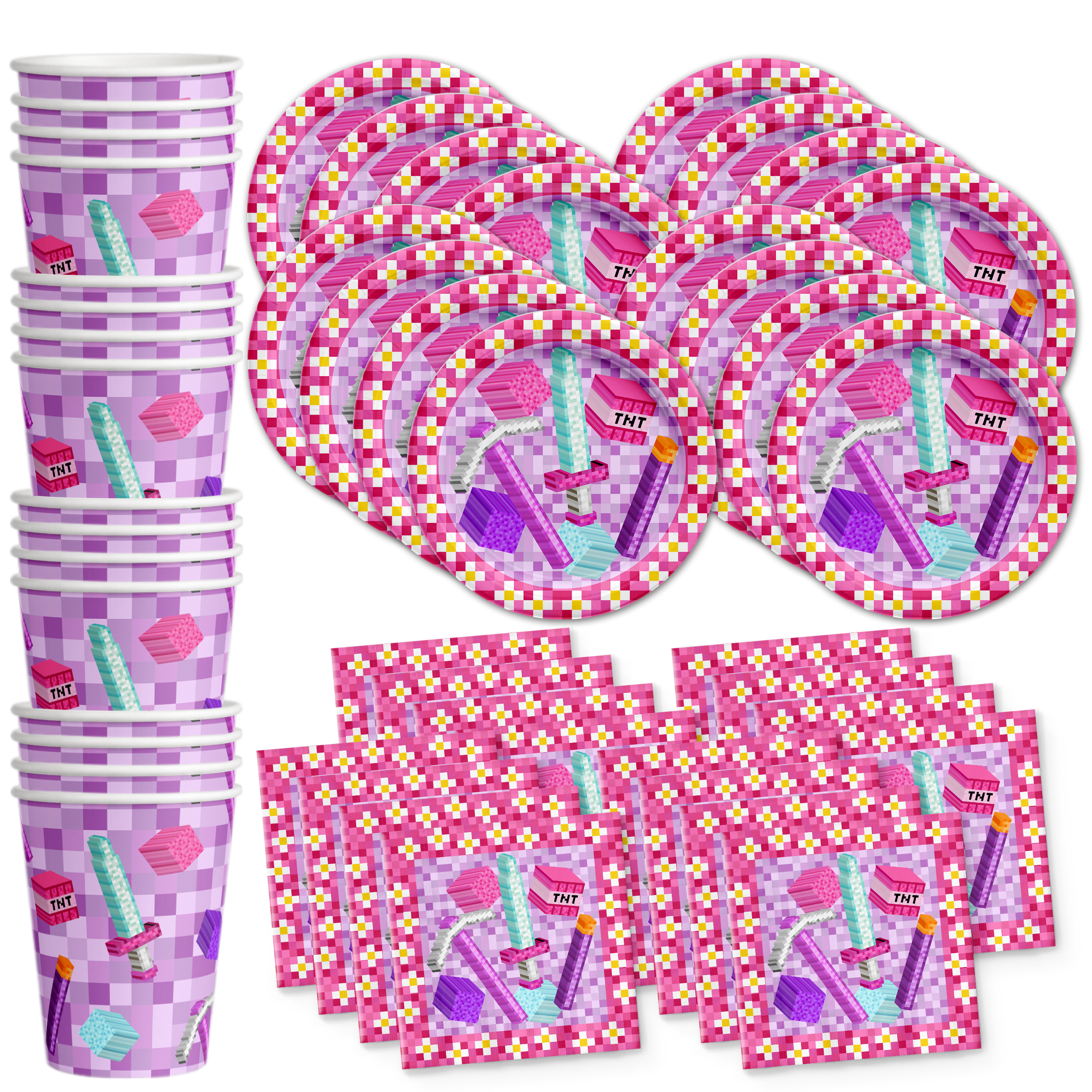 Girl Mining Pixel Birthday Party Tableware Kit For 16 Guests - BirthdayGalore.com