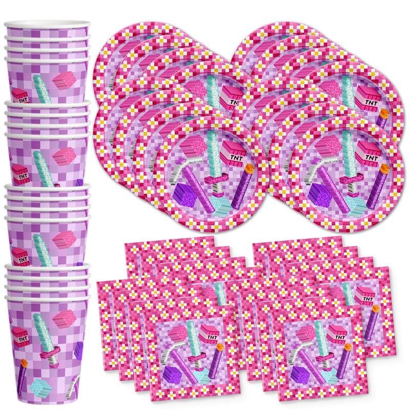 Girl Mining Pixel Birthday Party Tableware Kit For 16 Guests - BirthdayGalore.com