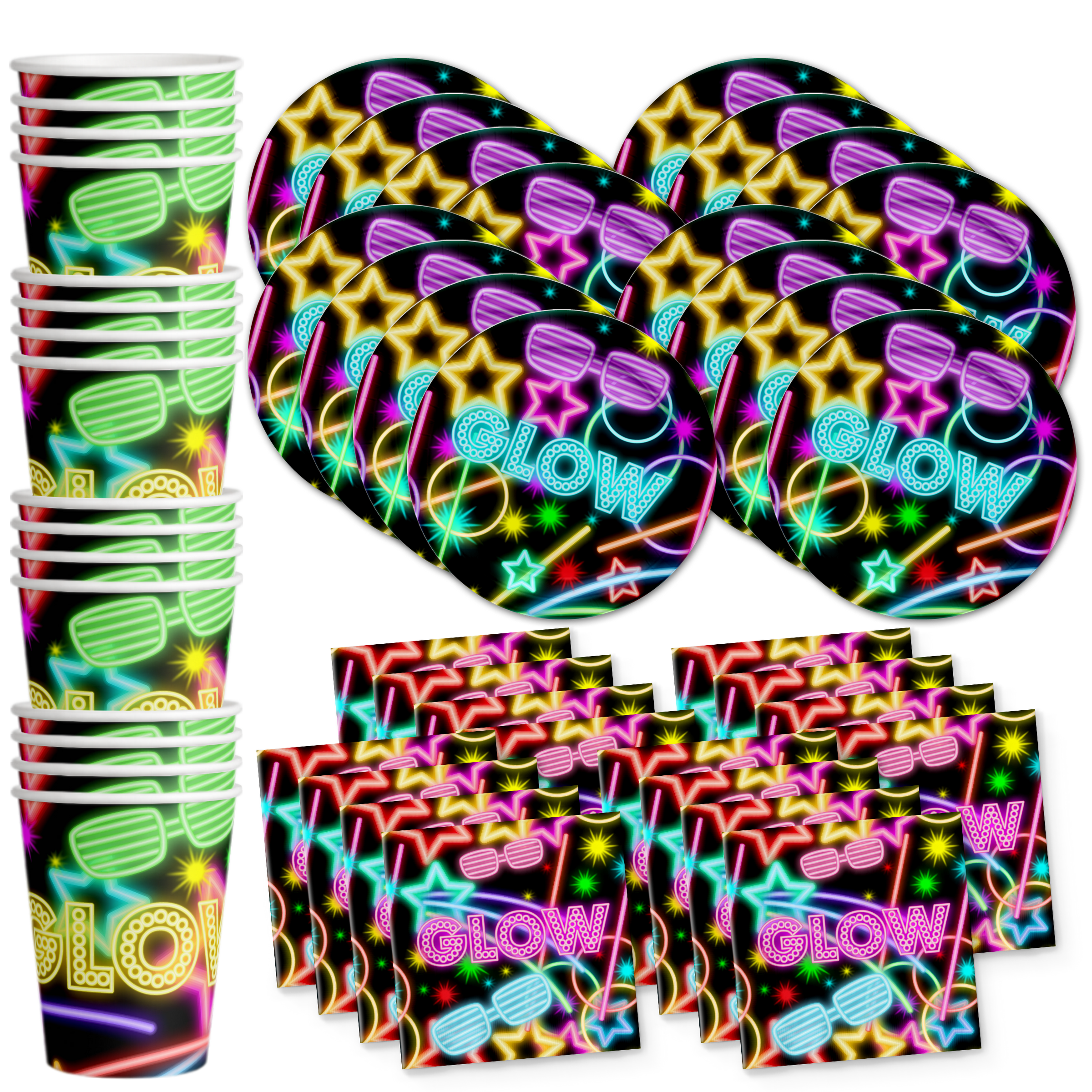 Glow Light Neon Birthday Party Tableware Kit For 16 Guests - BirthdayGalore.com