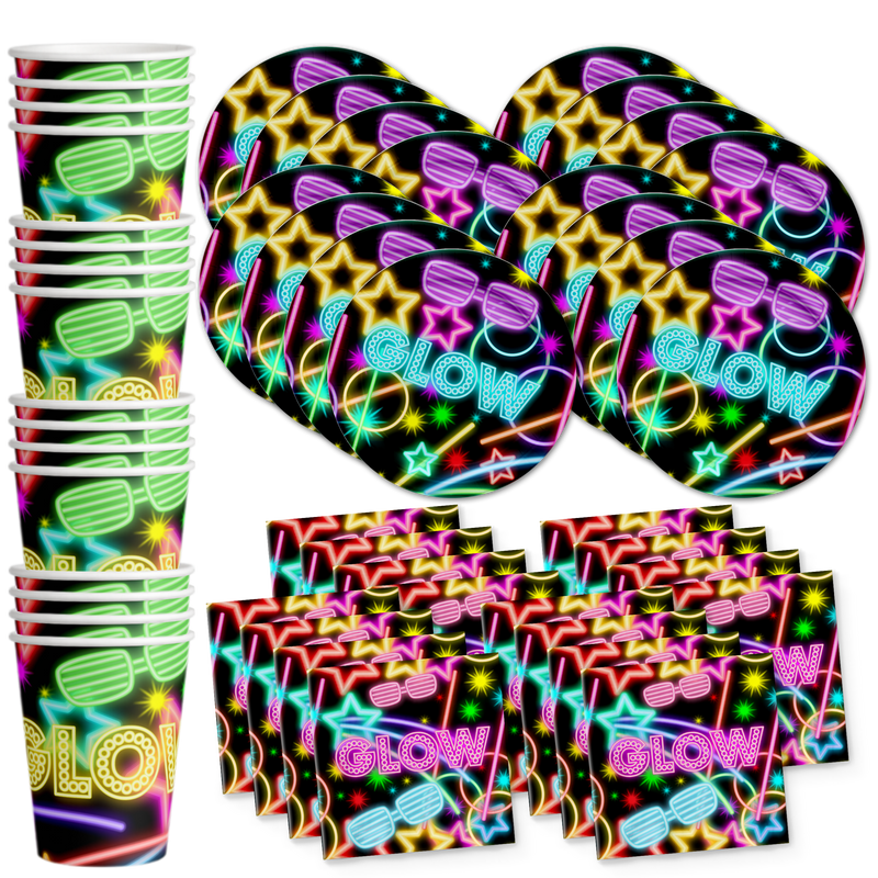 Glow Light Neon Birthday Party Tableware Kit For 16 Guests - BirthdayGalore.com