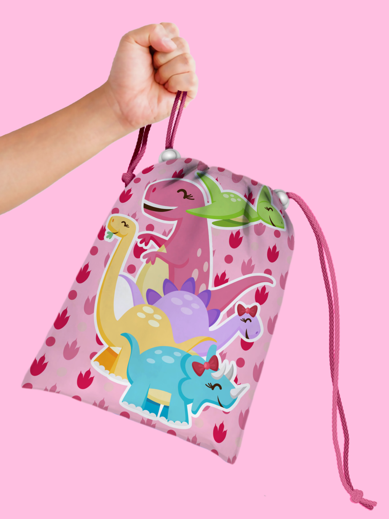 Girl Little Dino Pink Drawstring Tote Bag (10 Pack) - BirthdayGalore.com