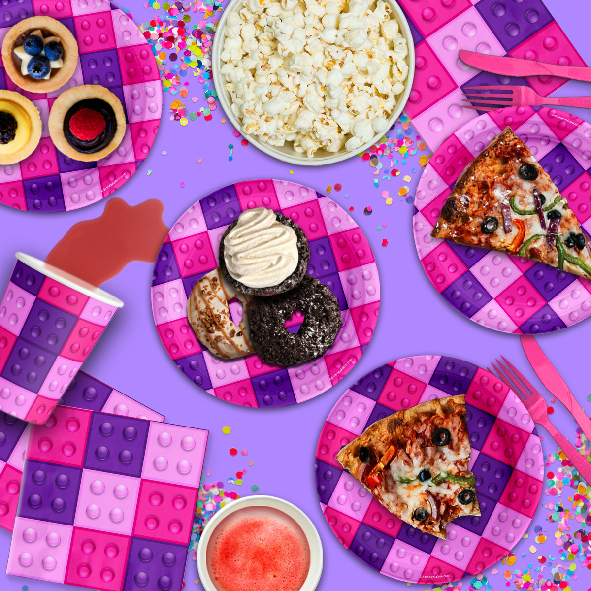 Pink Building Blocks Birthday Party Tableware Kit For 16 Guests - BirthdayGalore.com