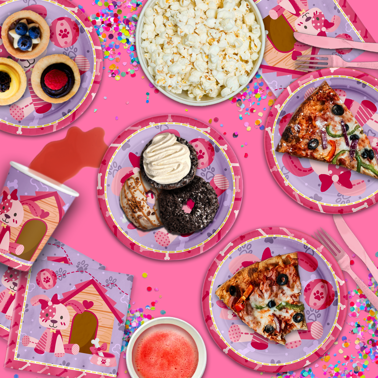 Pink Girl Puppy Dog Birthday Party Tableware Kit For 16 Guests - BirthdayGalore.com