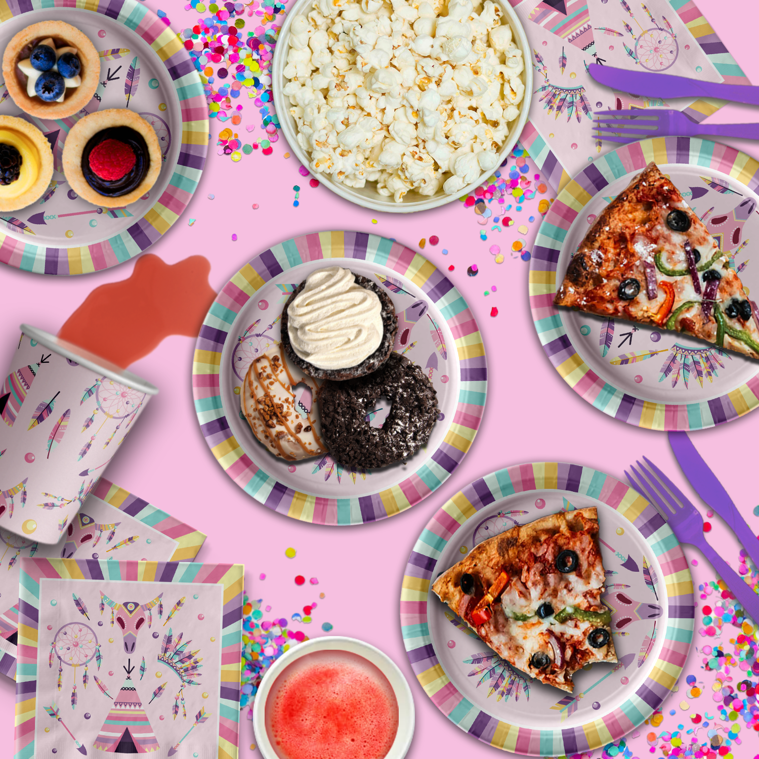 Tribal Boho Pink Birthday Party Tableware Kit For 16 Guests - BirthdayGalore.com