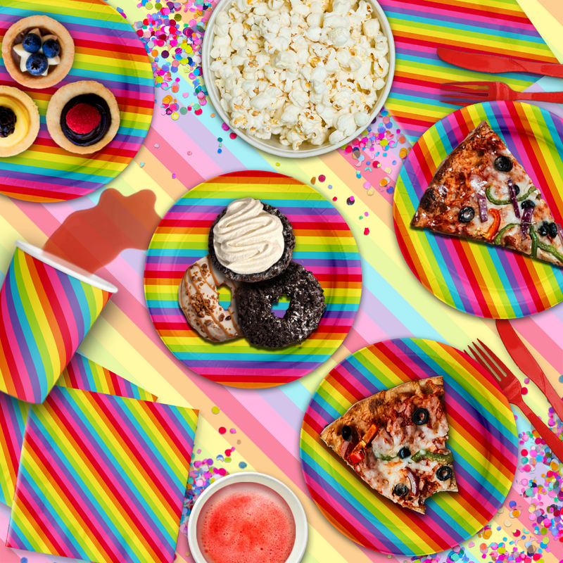 Rainbow Stripes Birthday Party Tableware Kit For 16 Guests - BirthdayGalore.com