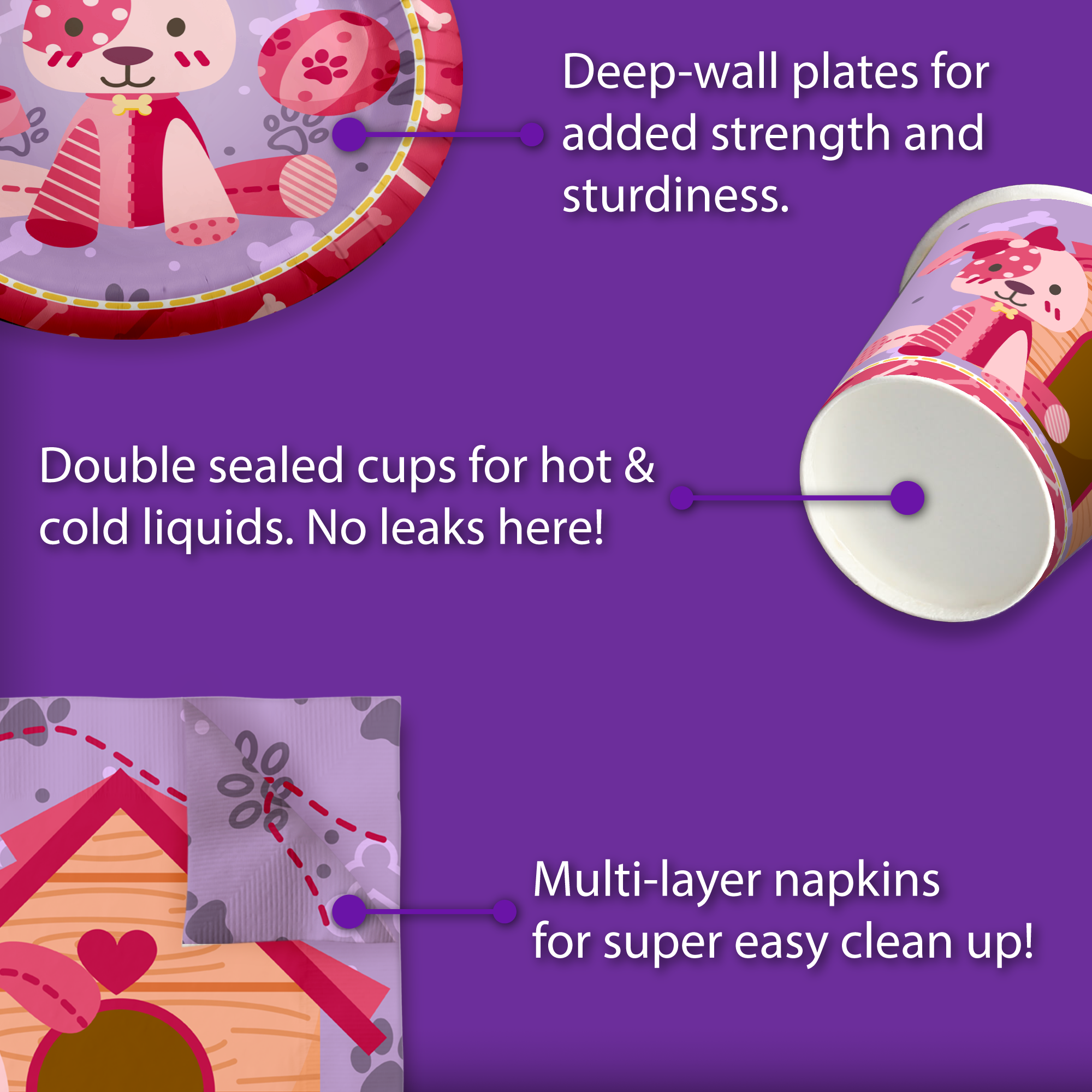 Pink Girl Puppy Dog Birthday Party Tableware Kit For 16 Guests - BirthdayGalore.com