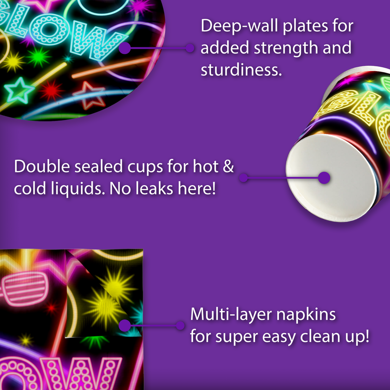 Glow Light Neon Birthday Party Tableware Kit For 16 Guests - BirthdayGalore.com