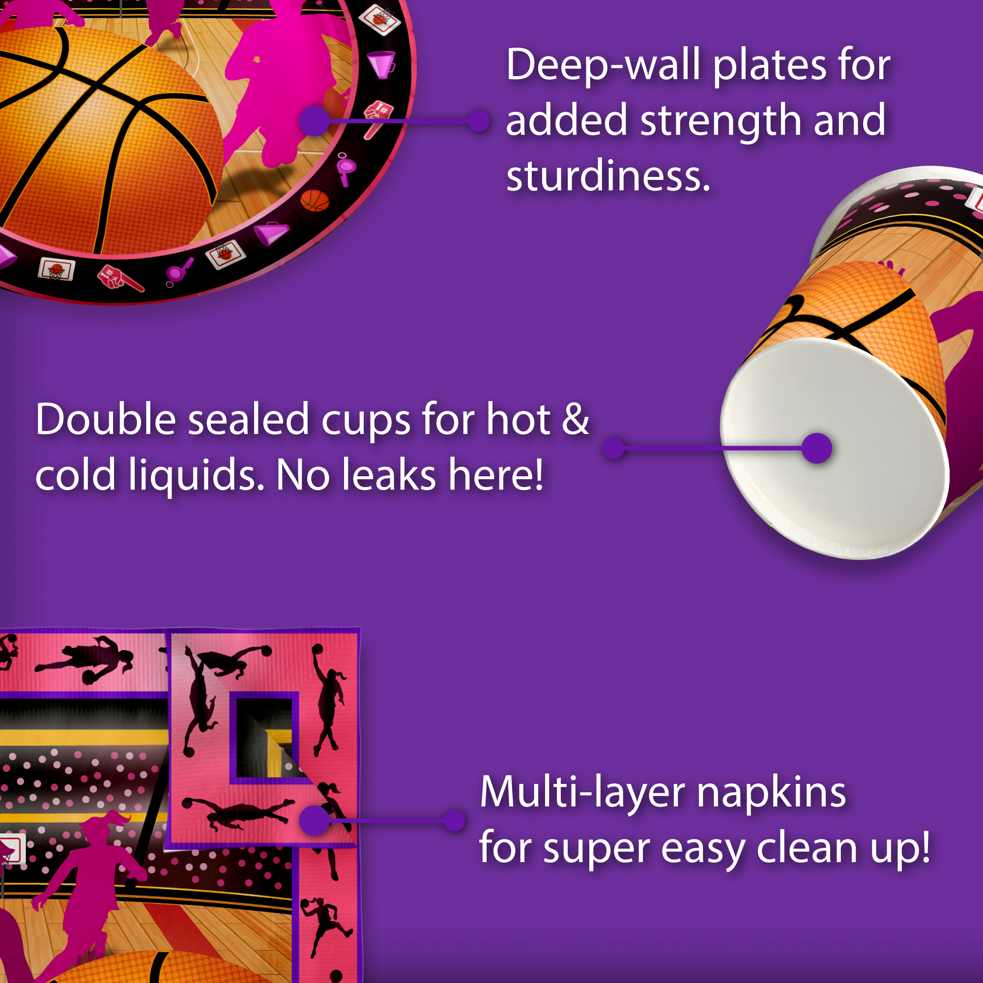 Pink Girl Basketball Birthday Party Tableware Kit For 16 Guests - BirthdayGalore.com